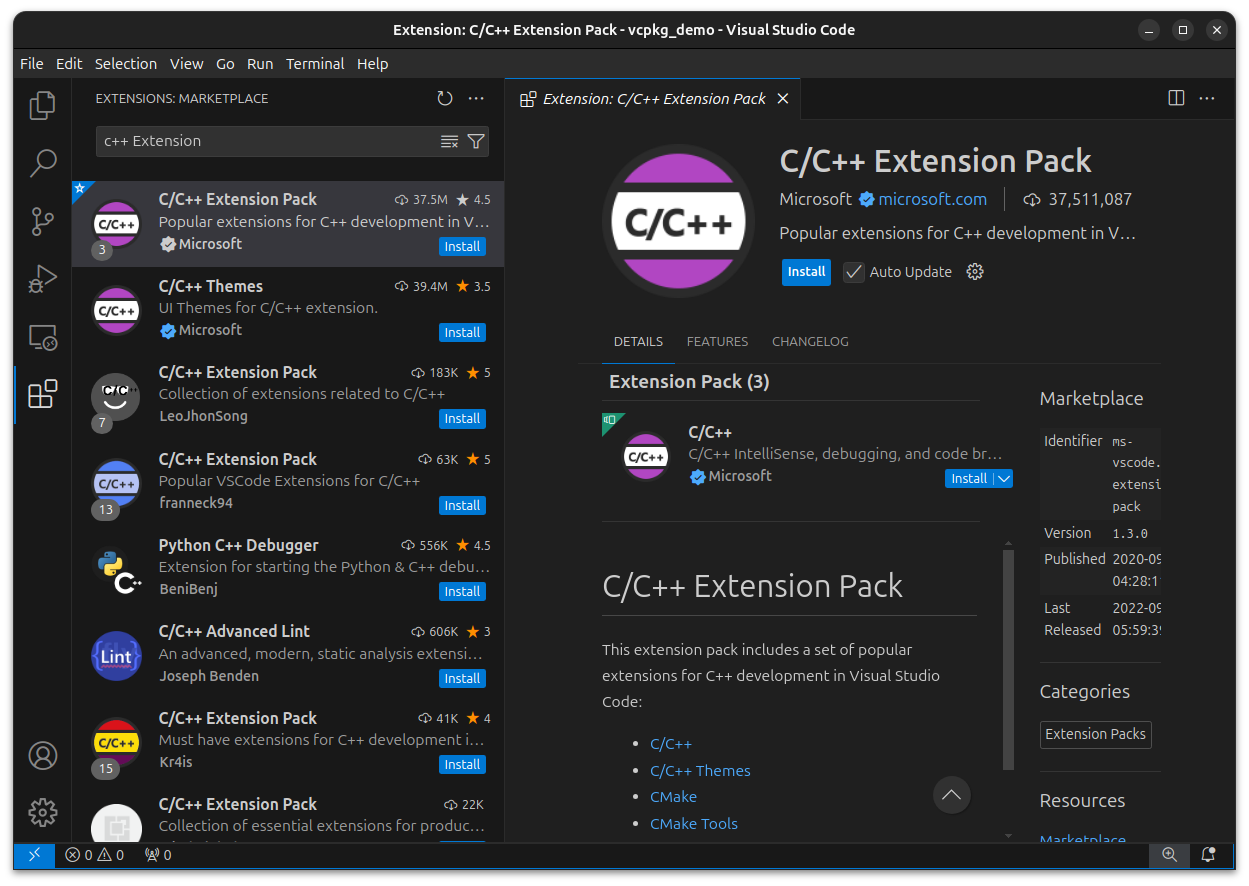 从VS Code插件市场安装C++ Extension Pack